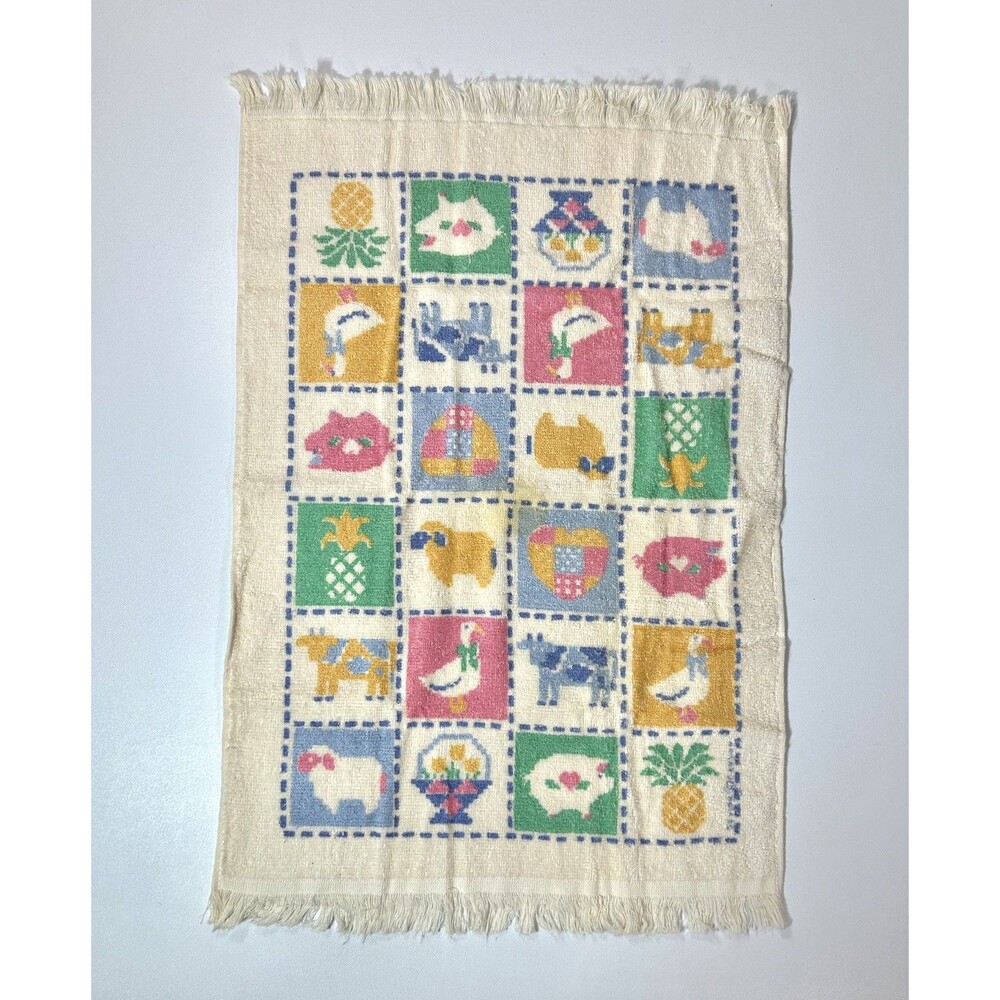 Vtg Cannon Hand Towel Farm Animal Pineapple Grid Print Cotton (See Pics)